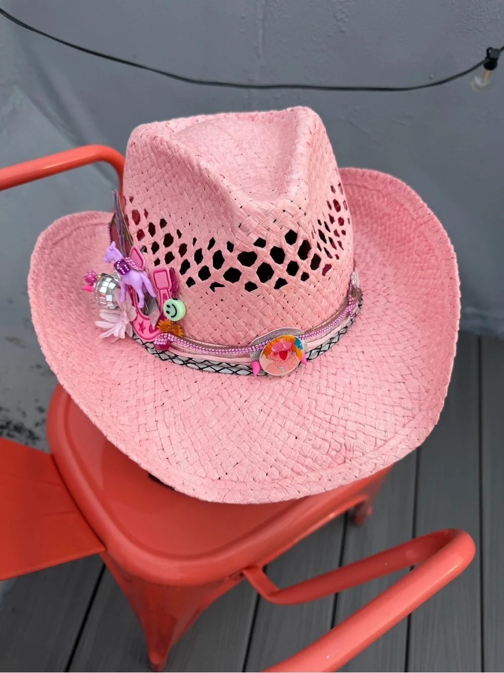 Pink Straw Cowboy Hat with Decorative Band
